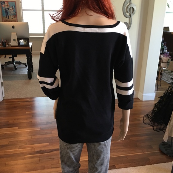 Black & White Striped 3/4 Sleeve Crewneck Sweater - Picture 2 of 6